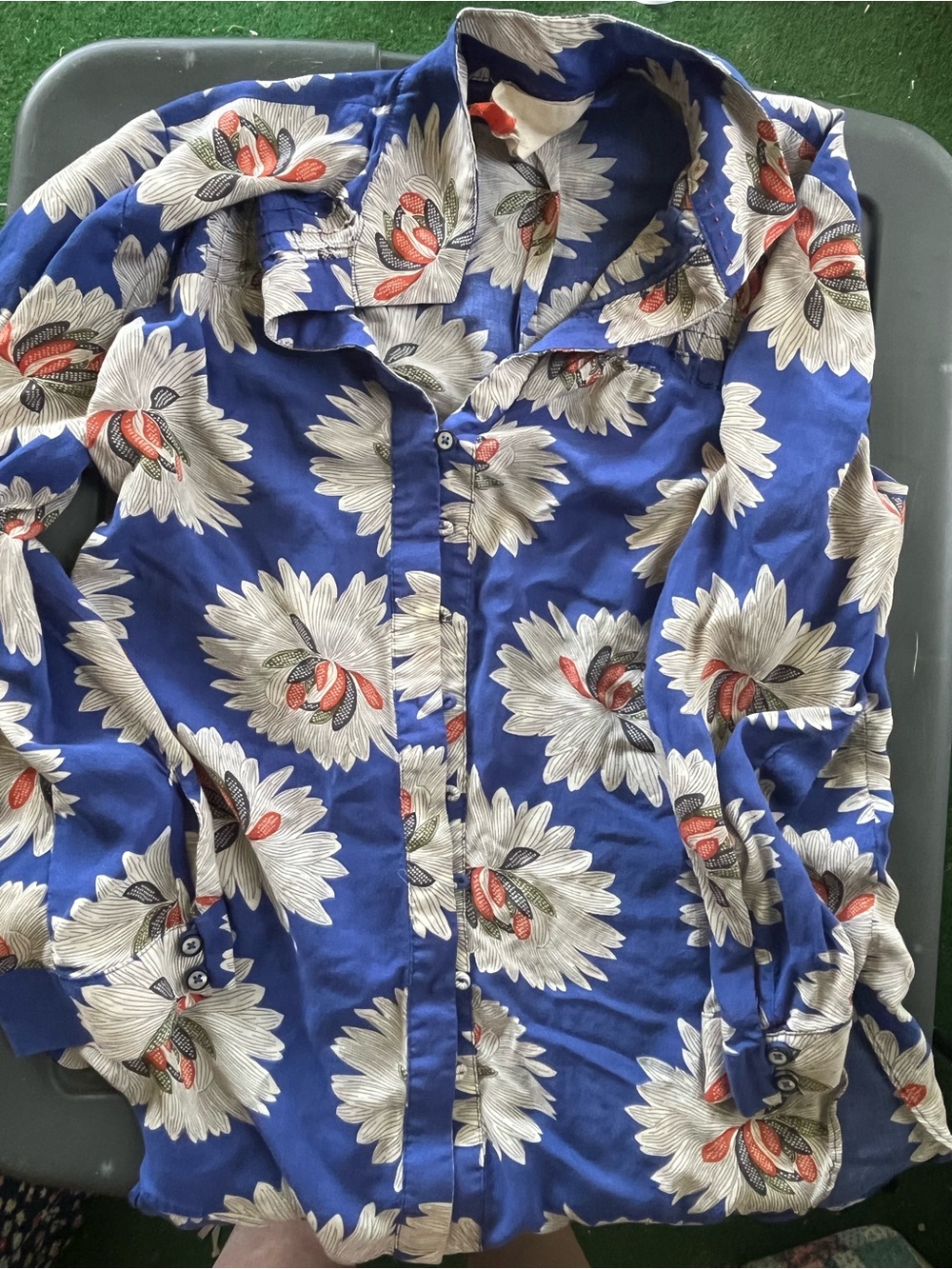Anthropologie Blue Floral Button-Down Shirt with Cream and Red Accents